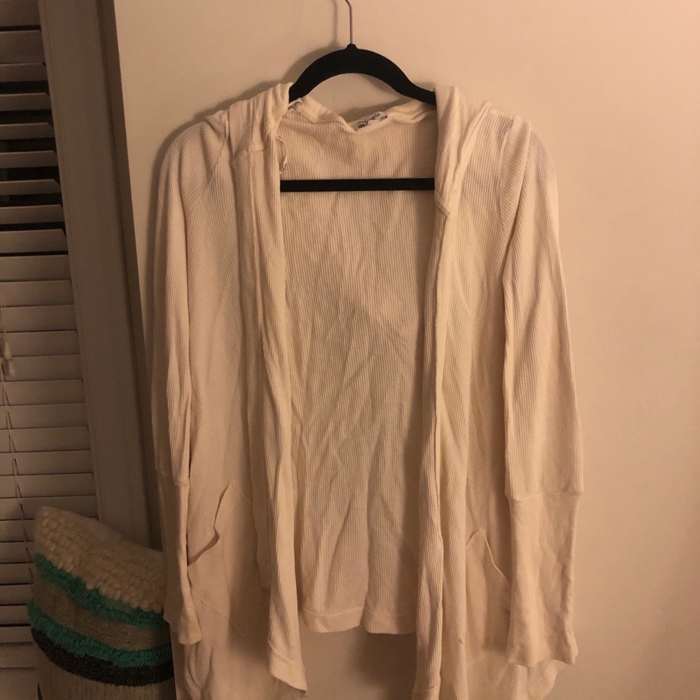 Beige waffle print cardigan with hood